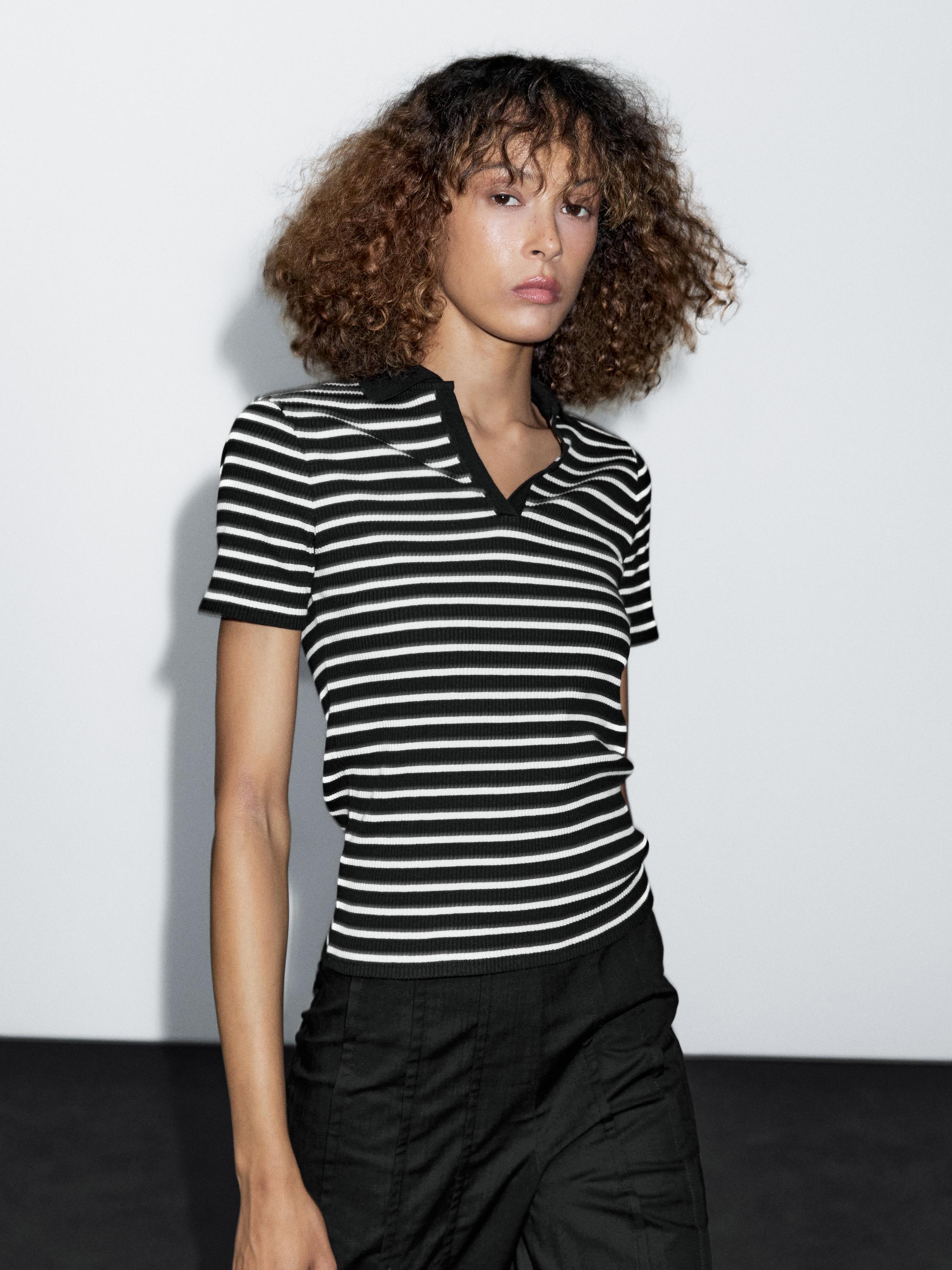 Striped cotton blend polo T-shirt